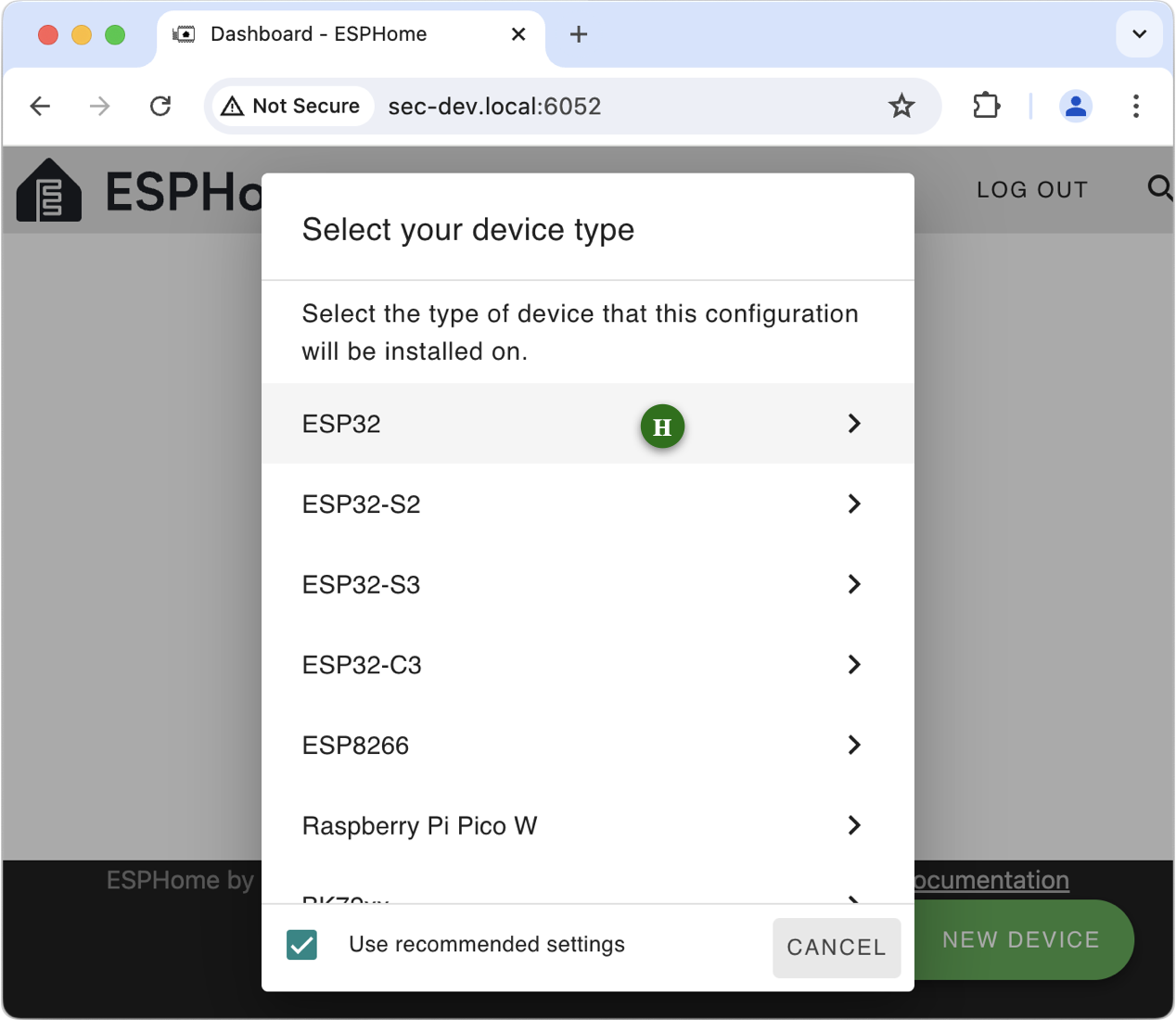 select device type dialog